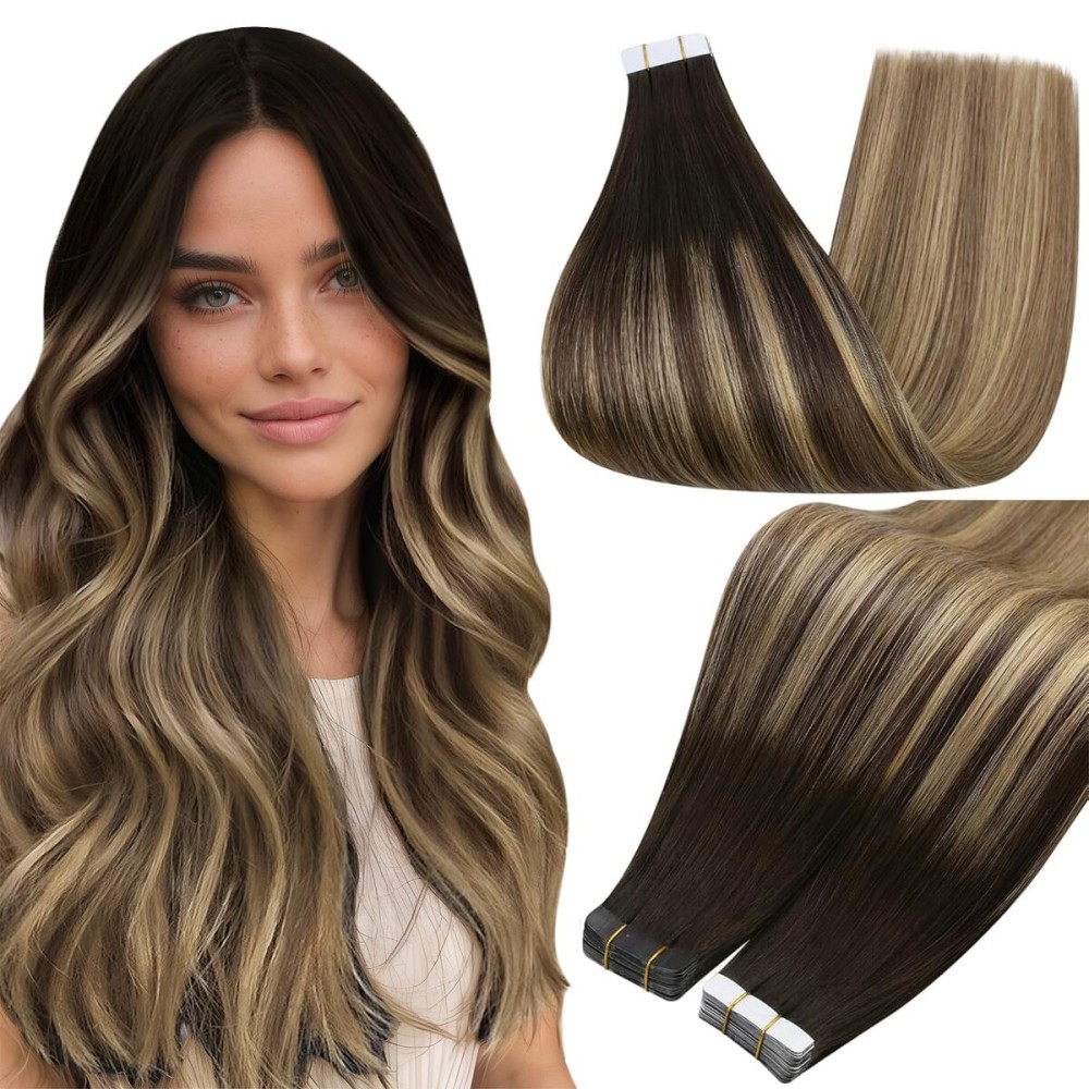 Full Shine Human Hair Tape in Extensions Color 2/8/27 Balayage Tape in Hair Extensions Real Human Hair 12 Inch Hair Extensions Human Hair 30Gram Double Sided Tapes Extensions 20Pcs for Wedding
