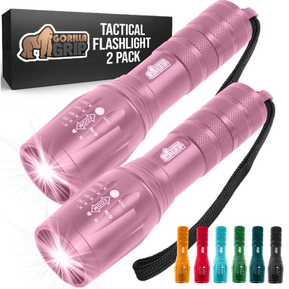 GORILLA GRIP Powerful LED 750 FT Water Resistant 5 Adjustable Mode Tactical Flashlight, High Lumens Ultra Bright Battery Zoom Flashlights, Small Camping Car Mini Flash Light Accessories, 2 Pack, Pink
