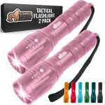 GORILLA GRIP Powerful LED 750 FT Water Resistant 5 Adjustable Mode Tactical Flashlight, High Lumens Ultra Bright Battery Zoom Flashlights, Small Camping Car Mini Flash Light Accessories, 2 Pack, Pink