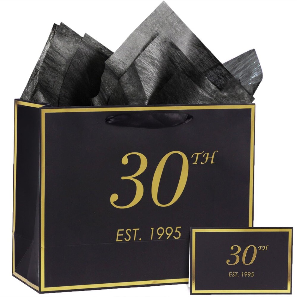 momoake 30th Birthday Gift Bag with Card and Tissue Paper for Men Women, 1995 30 Year Old 13 Elegant Black Gold Anniversary Keepsake Party Present Shopping Paper Bags for Gifts Wrapping (1995 30th)