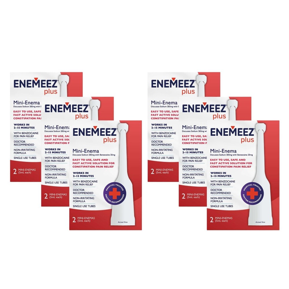 Enemeez Plus Mini-Enemas, docusate Sodium with benzocaine Stool Softener, Fast-Acting Constipation Relief, Promotes Bowel Movement in 2-15 Minutes, 2ct, 6 Pack (12 Total) Single-Use 5ml Tubes