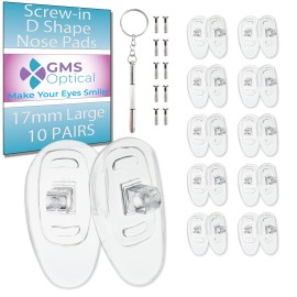 GMS Optical 17mm Large Length/6mm Wide - D Shape Screw-in Soft Silicone Eyeglass Nose Pads - Eyeglass Repair Kit with Screws and Screw Driver, Anti-Slip Nose Pads for Glasses, (10 Pair)