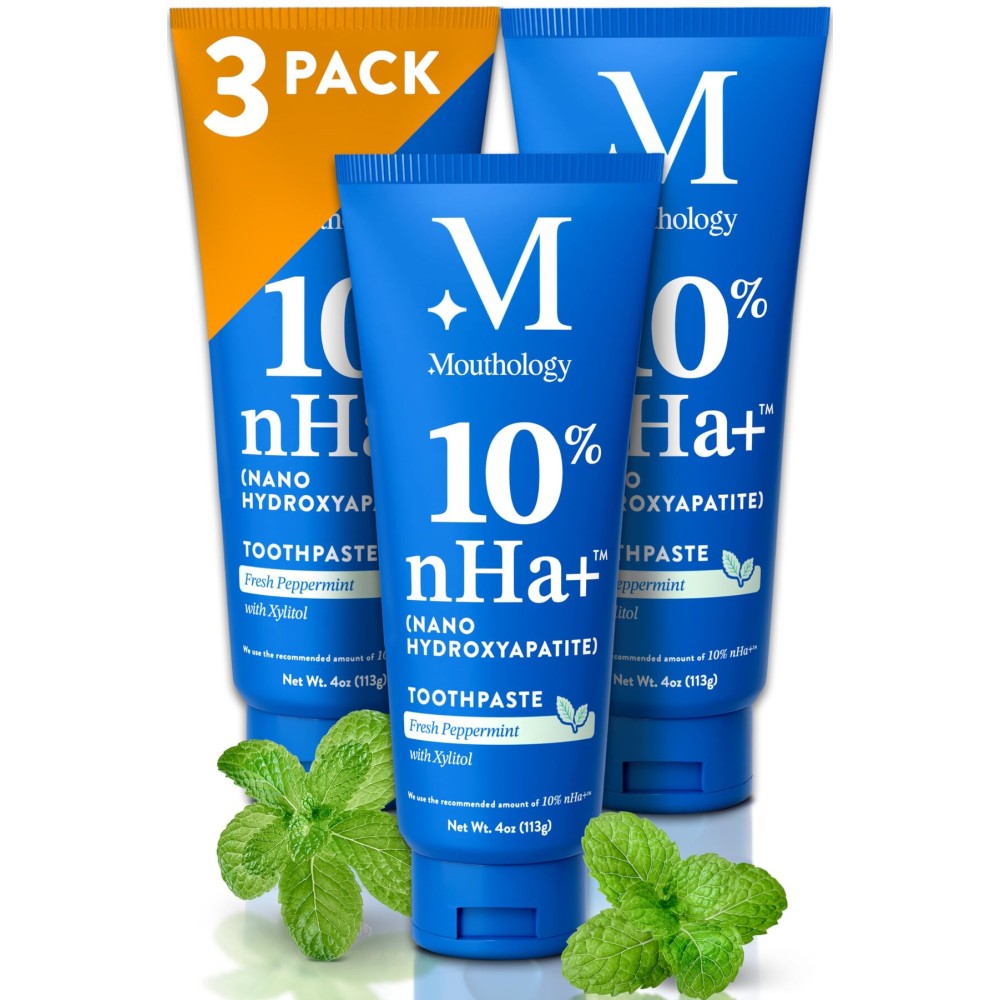 Mouthology 10% Nano Hydroxyapatite Toothpaste (3pk, Fluoride Free), Whitening*, Supports Enamel Care*, Appropriate for Sensitive Teeth*, SLS Free, Xylitol nHA Toothpaste Adults, Mint 4oz (USA Made)