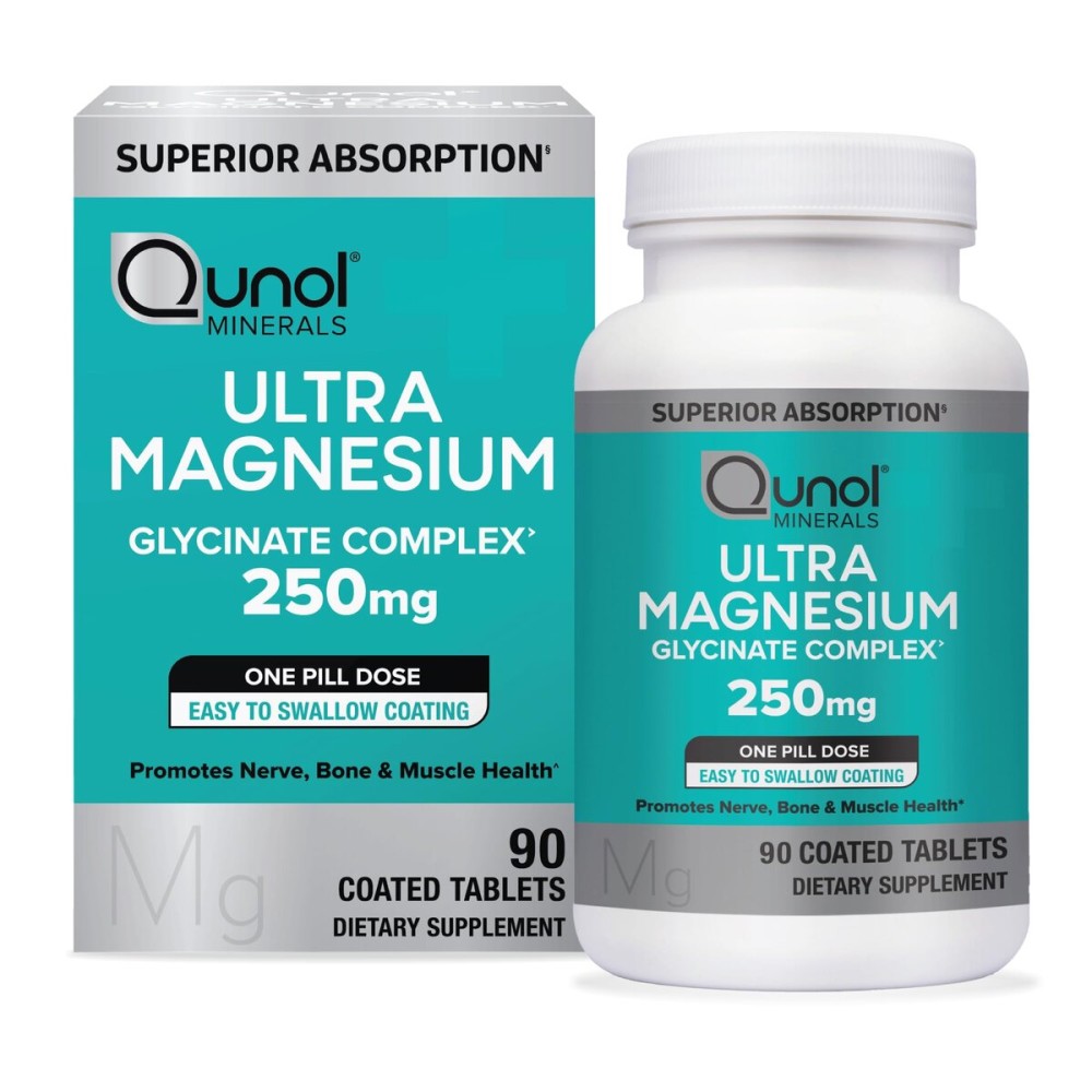 Qunol Magnesium Glycinate Complex, Gentle on Stomach, 250mg One Pill Dose, Superior-Absorption Magnesium, Nerve, Bone and Muscle Health Supplement, 90 Count (Pack of 1)