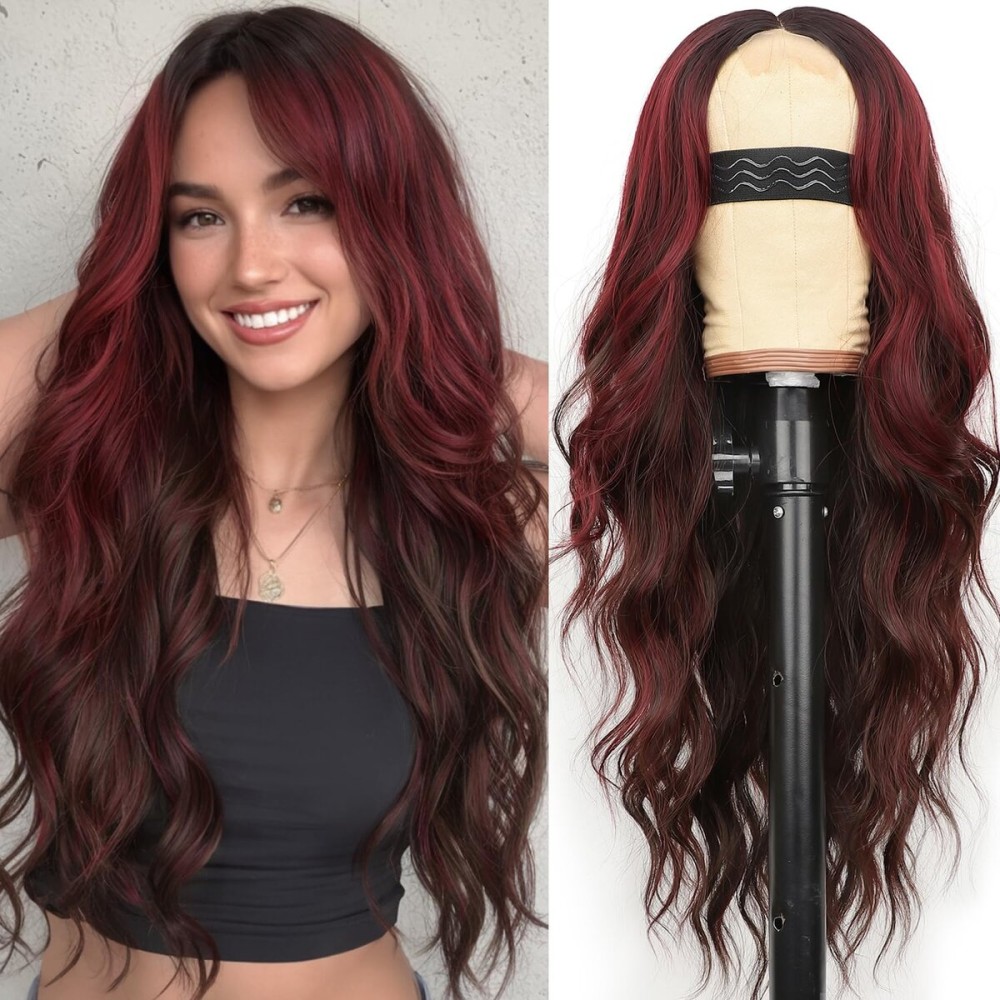 AISI HAIR Wig for Women, Long Wavy Brown Mixed Red Lace Hairline Middle Part Synthetic Heat Resistant Wig for Daily Party-26 Inch