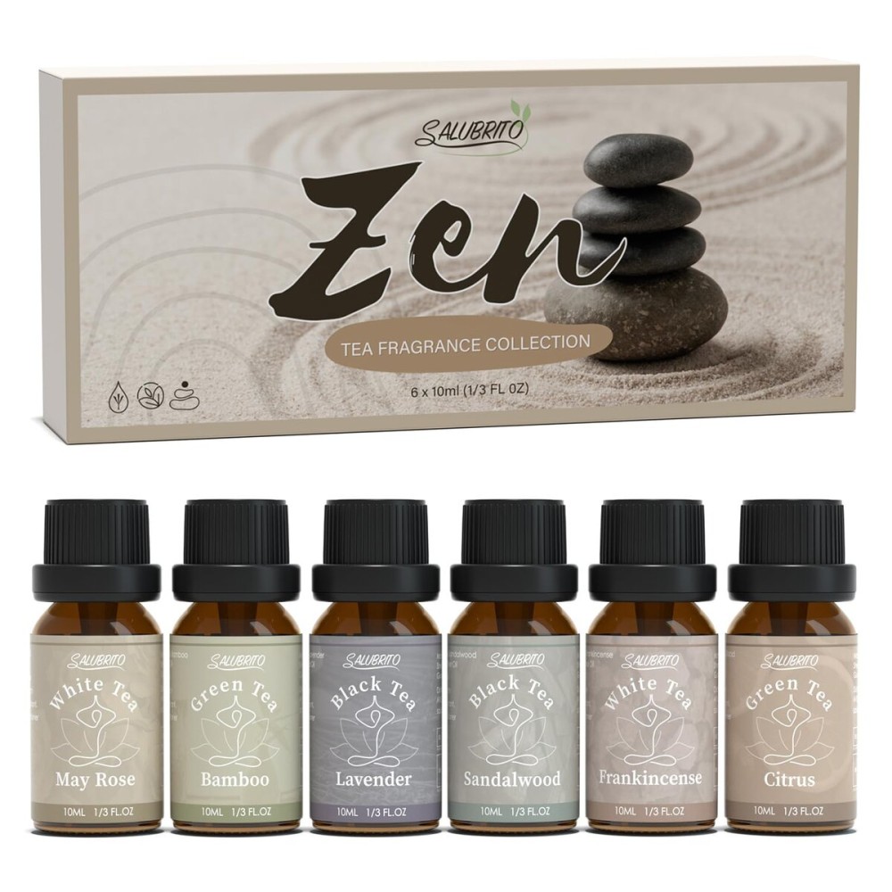 SALUBRITO Zen Fragrance Oil Set, Tea Essential Oil for Diffuser, Candle, Soap Making, White Tea, Black Tea, Green Tea Blended with Rose, Bamboo, Lavender, Sandalwood, Frankincense, Citrus Scented Oil
