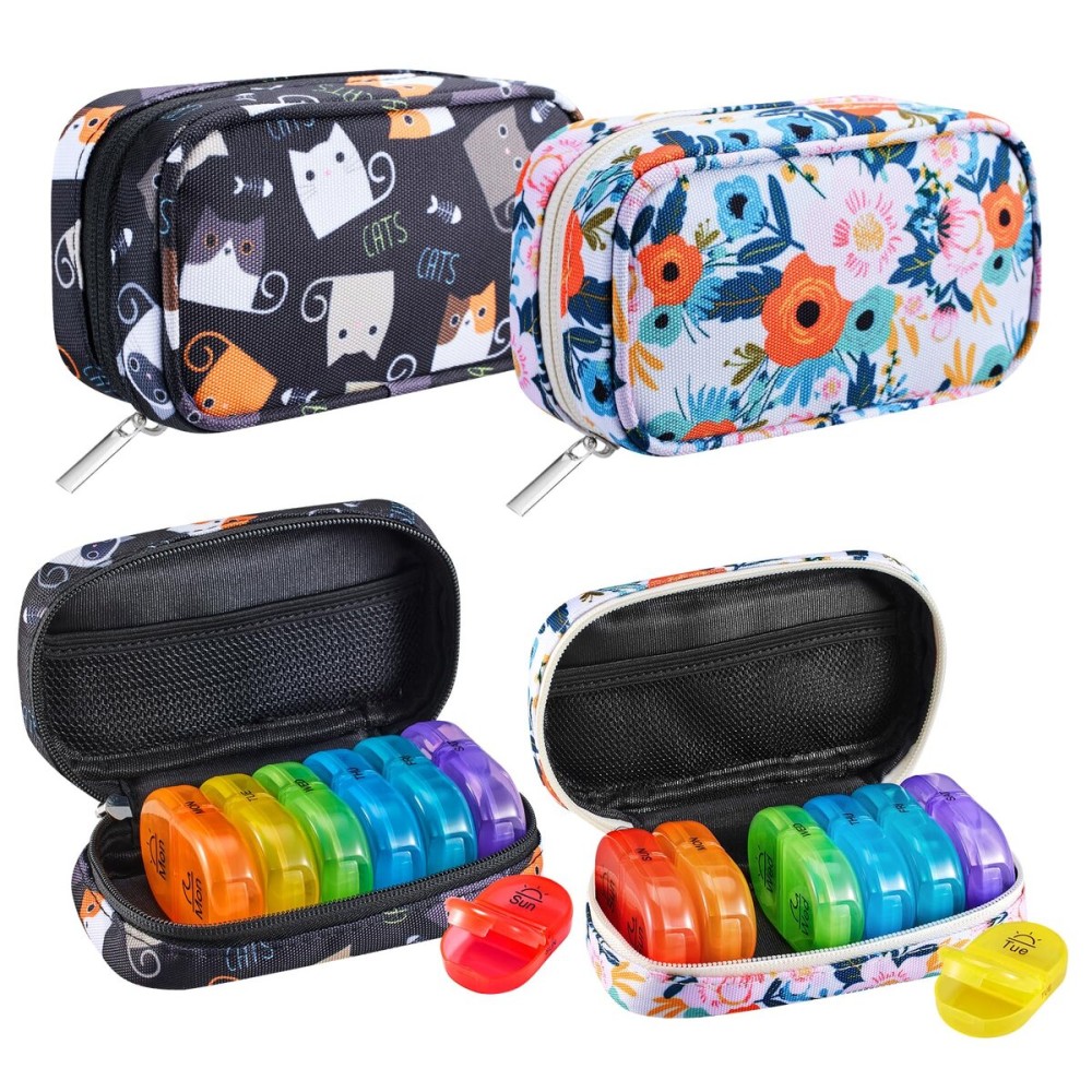 Serfeymi Weekly Travel Pill Organizer 2 Times A Day AM PM Rainbow Pill Box 7 Day with Zipper Canvas Pill Case, Medicine Organizer for Pills, Vitamins, Fish Oils - Black 02 + Bloom 01