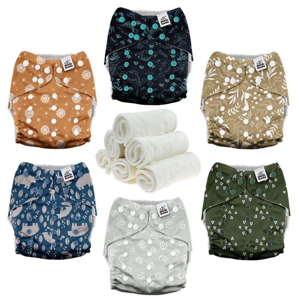 Mama Koala 3.0 Cloth Diapers for Babies with AWJ Lining, 6 Pack with 6 Natural Cloth Diaper Inserts - Reusable and Washable Pocket Diapers (Natural Elements)