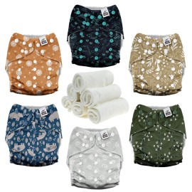 Mama Koala 3.0 Cloth Diapers for Babies with AWJ Lining, 6 Pack with 6 Natural Cloth Diaper Inserts - Reusable and Washable Pocket Diapers (Natural Elements)