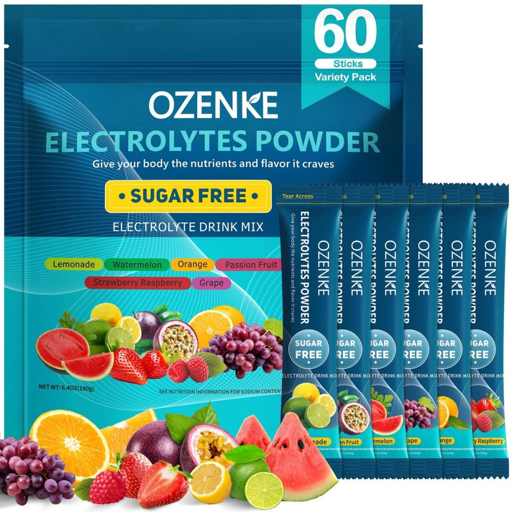 OZENKE Electrolytes Powder Packets, 60 Sticks Hydration Packets Sugar Free, Electrolyte Drink Mix Travel Electrolyte Packet for Rapid Hydration, 6 Flavors
