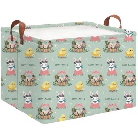 HKEC Rectangle Green Easter Basket Empty,Easter Gift Bakset for Egg Hunting,Books Bin with Handles,Room Decor(Pale Green Easter Basket)