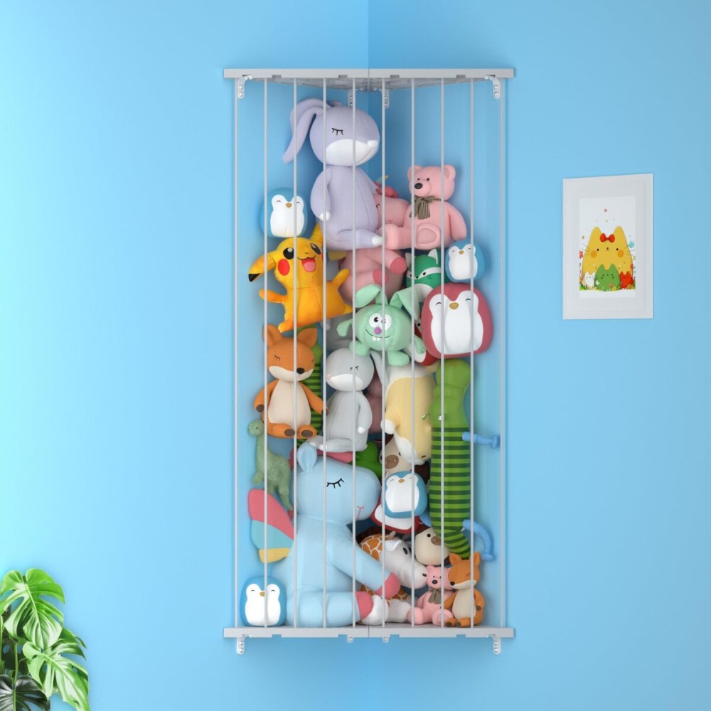 Stuffed Animal Storage Toy Organizer(Patented) - Large Corner Stuffed Animal Holder Length Adjustable - Wall Plush Storage for Nursery Playroom Bedroom Kids Room (Gray)