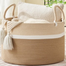 KAKAMAY Large Blanket Basket (20x13),Woven Baskets for storage Baby Laundry Hamper, Cotton Rope Blanket Basket for Living Room, Laundry, Nursery, Pillows, Baby Toy chest (White and Brown)