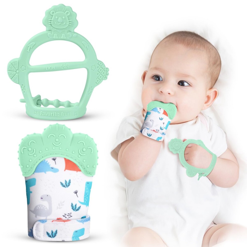 Vicloon Silicone Teething Mitt, 2Pcs Mitten With Adjustable Strap, Crinkle Sound and Textured, Self-Soothing Chew Toys for 0-6 Month Infants