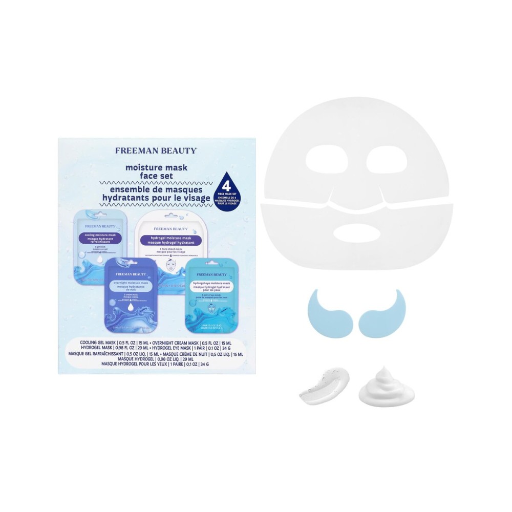 Freeman 4 Piece Hydrating Face Mask Set - Clean Moisture & Glow Sheet Mask Kit With Under Eye Patches, Dermatologist Tested Skincare For Dry or Sensitive Skin, Travel Friendly