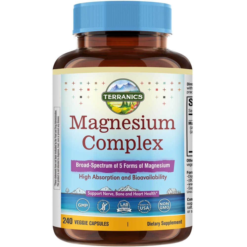 Terranics 5-in-1 Magnesium Complex Supplement 500mg - 5 Forms High Absorption Magnesium Glycinate Citrate Malate Aspartate Gluconate for Sleep Heart Health - Non-GMO 240 Vegan Capsules