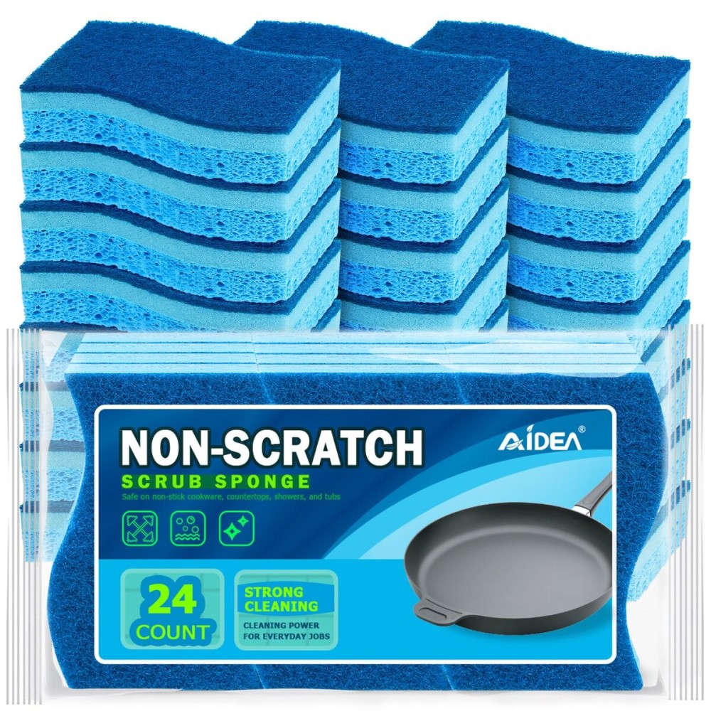 AIDEA Sponges Kitchen, Non-Scratch Scrub Sponge, 24Count, Sponges for Non-Stick Cookware, Kitchen Sponge for Dishes, Cleans Fast Without Scratching, Cleaning Power for Kitchen, Bathroom, Household