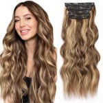 ALXNAN Clip in Long Wavy Hair Extension 20 Inch Chocolate Brown to Honey Blonde Hair Extensions 4PCS Thick Hairpieces Fiber Double Weft Hair for Women