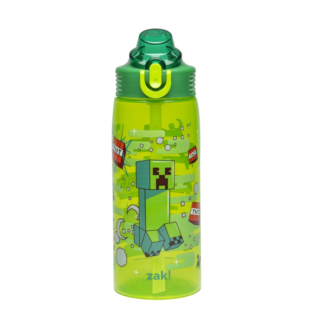 Zak Designs Minecraft Sage Water Bottle For School or Travel, 25oz Durable Plastic Water Bottle With Straw, Handle, and Leak-Proof, Pop-Up Spout Cover (Creeper)