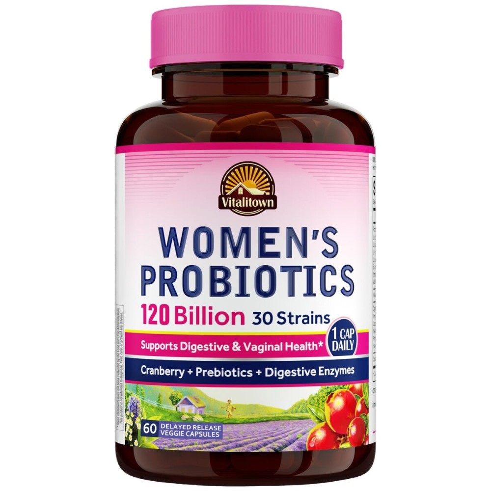 Vitalitown Probiotics for Women 120 Billion CFUs, 30 Strains, with Prebiotics & Digestive Enzymes & Cranberry, Gut & Vaginal Health, Vegan 60 (Pack of 1) Delayed Release Caps