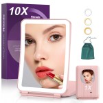 Mocado Travel Makeup Mirror with Light, 1x/10x Magnifying Mirror with Light, 3 Colors Lighted Magnifying Mirror, 2000mAh Rechargeable Lighted Makeup Mirror, Dimmable Touch, Memory Function (Pink)