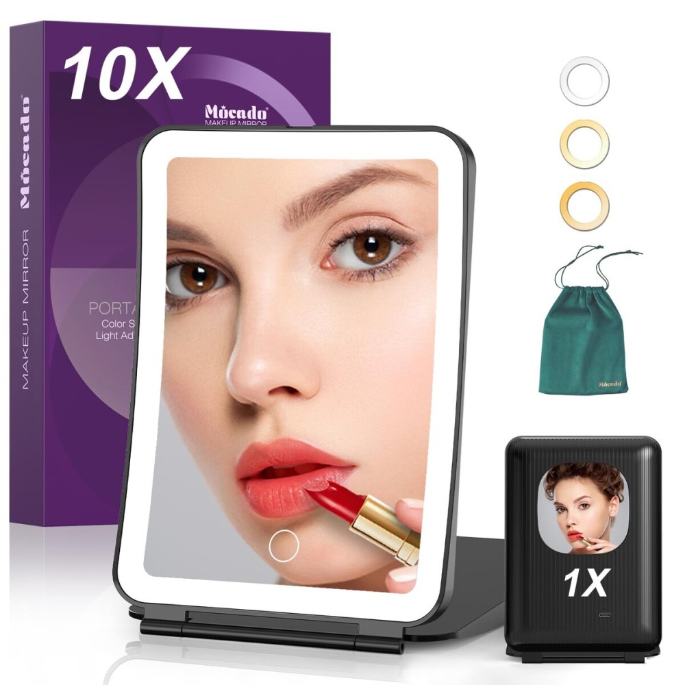 Mocado Travel Makeup Mirror with Light, 1x/10x Magnifying Mirror with Light, 3 Colors Lighted Magnifying Mirror, 2000mAh Rechargeable Lighted Makeup Mirror, Dimmable Touch, Memory Function (Black