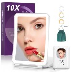 Mocado Travel Makeup Mirror with Light, 1x/10x Magnifying Mirror with Light, 3 Colors Lighted Magnifying Mirror, 2000mAh Rechargeable Lighted Makeup Mirror, Dimmable Touch, Memory Function (White)