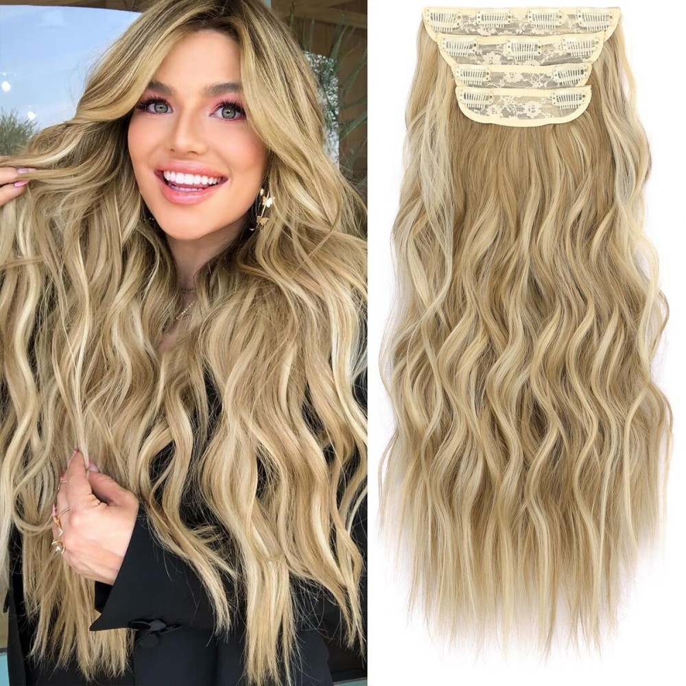 KooKaStyle Clip in Synthetic Hair Extensions Long Wavy 4PCS Thick Hairpieces Light Brown mix Golden Blonde Fiber Double Weft Natural Hair Extensions 16 Inch for Women