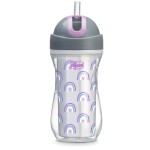 Chicco Flip-Top Straw Cup 9oz | Insulated Toddler Sippy Cup with Soft Silicone Straw | No-Spill | Easy-Clean | BPA-Free | 1pk | For Ages 12+ Months | Silver/Purple Rainbow