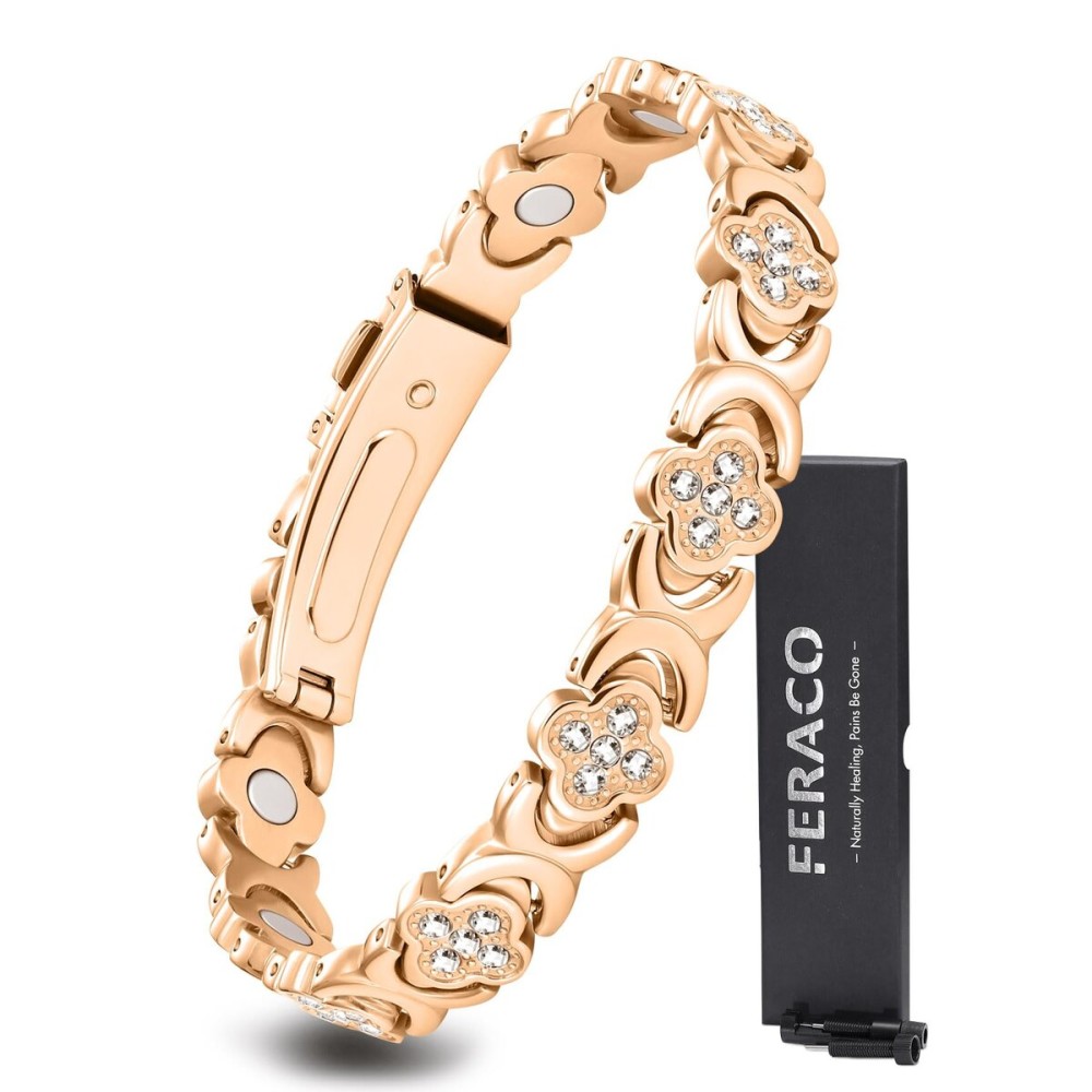 Feraco Pure Copper Bracelets for Women, Ultra Strength Magnetic Bracelet with 3800 Gauss Magnets & Sparkling Zirconia, Adjustable, Infinite Clover Jewelry (Rose Gold)