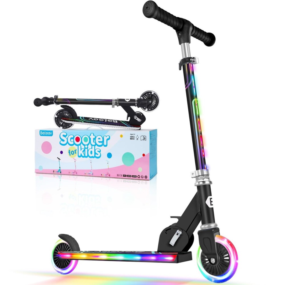 BELEEV Scooters for Kids Ages 3-12 with Light-Up Wheels & Stem & Deck, 2 Wheel Folding Scooter for Girls Boys, 3 Adjustable Height, Non-Slip Pattern Deck, Kick Scooter for Children (Black)