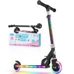 BELEEV Scooters for Kids Ages 3-12 with Light-Up Wheels & Stem & Deck, 2 Wheel Folding Scooter for Girls Boys, 3 Adjustable Height, Non-Slip Pattern Deck, Kick Scooter for Children (Black Rainbow)