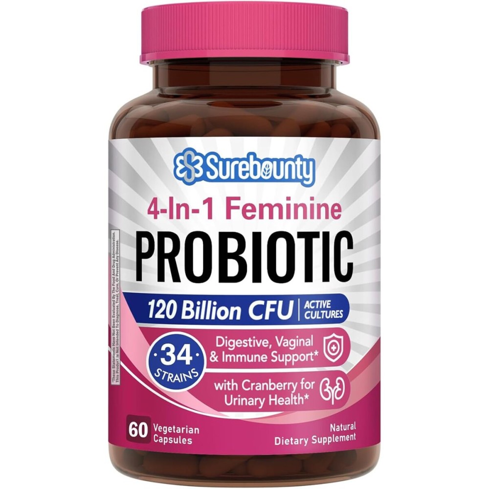 Surebounty Probiotics for Women, 120 Billion CFU 34 Strains, Prebiotics, Digestive Enzymes, Cranberry, 4-in-1 Feminine Probiotic, Digestive, Vaginal, Immune Support, 60ct