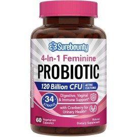 Surebounty Probiotics for Women, 120 Billion CFU 34 Strains, Prebiotics, Digestive Enzymes, Cranberry, 4-in-1 Feminine Probiotic, Digestive, Vaginal, Immune Support, 60ct