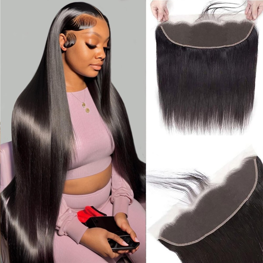 13x4 HD Lace Frontal Closure 14 Inch Straight Lace Frontal Human Hair 100% Unprocessed Brazilian Virgin Hair Ear to Ear Swiss HD Transparent Lace Closure Only Pre Plucked 1B Black