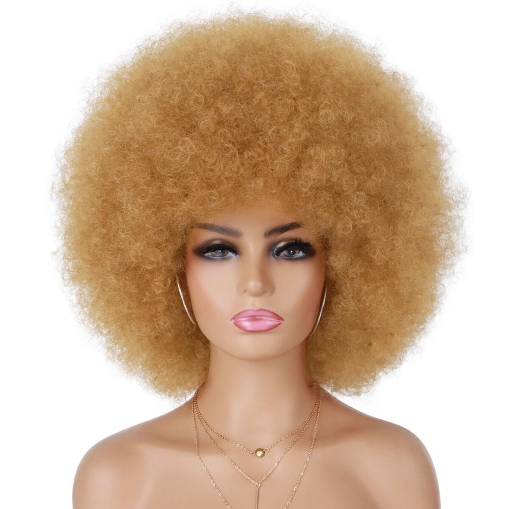 G&T Wig Afro Wigs for Black Women Light Brown Short Afro Kinky Curly Wig 70s Flutty Synthetic Large Puff Wigs for Cosplay Costume Party