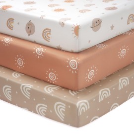 FIEMOL Baby Crib Sheets for Boys and Girls, 3 Pack Fitted Toddler Bed Sheets Neutral for 52x28 Standard Crib and Toddler Mattresses, Super Soft Microfiber Orange Sun Rainbow