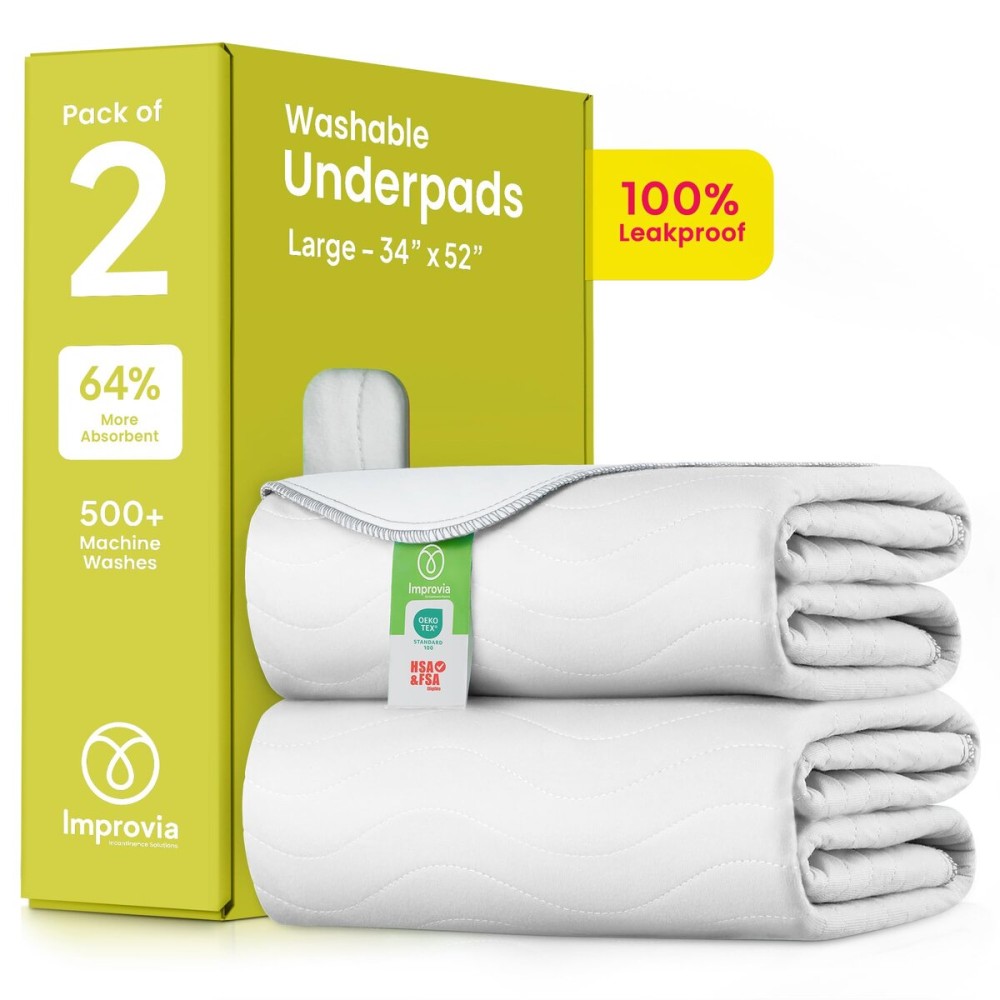 IMPROVIA Washable Underpads, Heavy Absorbency Reusable Incontinence Pads for Kids, Adults, Elderly, and Pets - Waterproof Protection Floor White & White (2 Pack - 34x52)