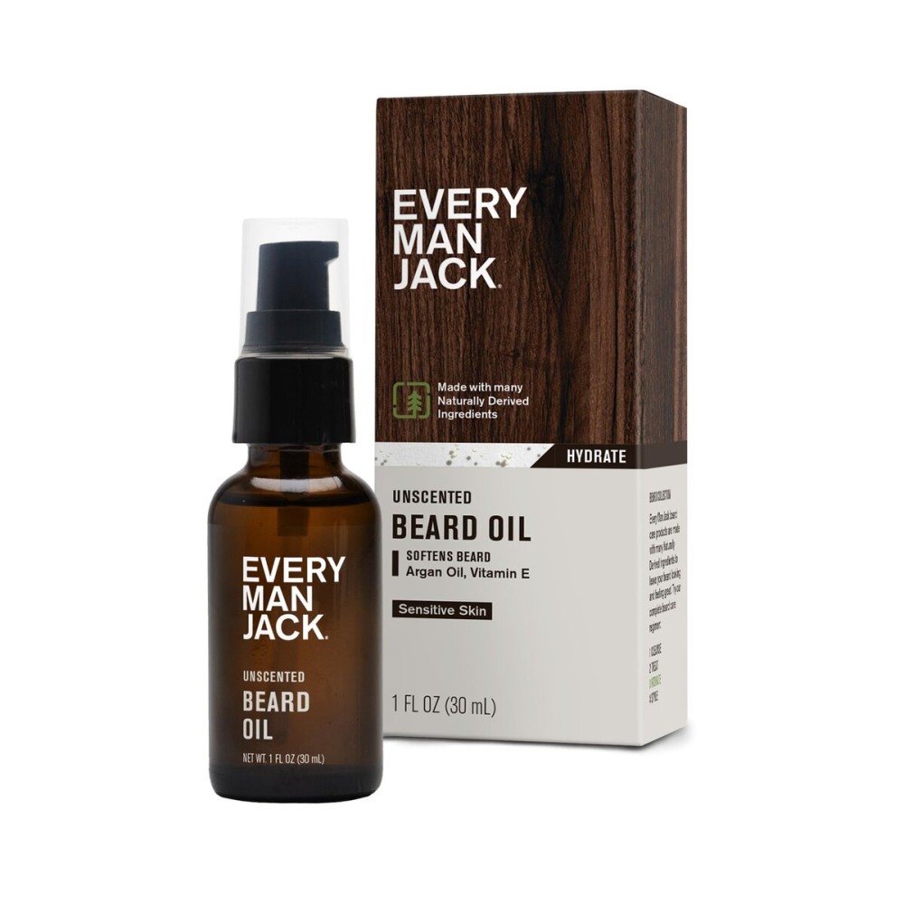 Every Man Jack Unscented Beard Oil for Men - Fragrance Free for Sensitive Skin - Naturally Moisturizes and Softens Beard w/Shea Butter & Argan Oil - 1 fl oz