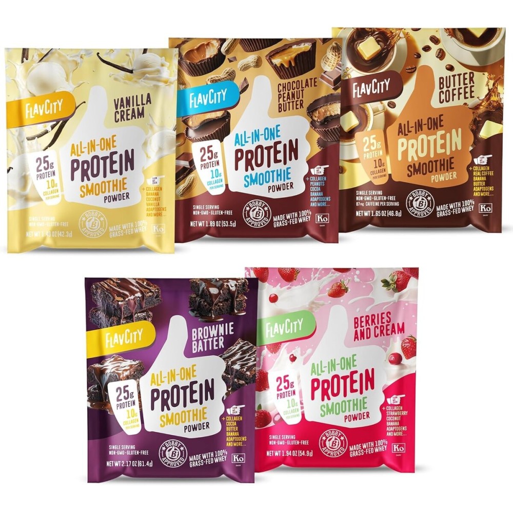 FlavCity Grass Fed Whey Protein Powder - Variety Pack - 25g Protein & 10g Collagen - 5 Single Serve Packets - Made with Organic Reishi & Cordyceps - Gluten Free & No Added Sugars