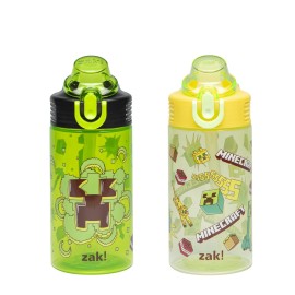 Zak Designs Minecraft Sage Kids Water Bottle For School or Travel, 16oz Durable Plastic Water Bottle With Straw, Handle, and Leak-Proof, Pop-Up Spout Cover, 2-Pack Set (Creeper)