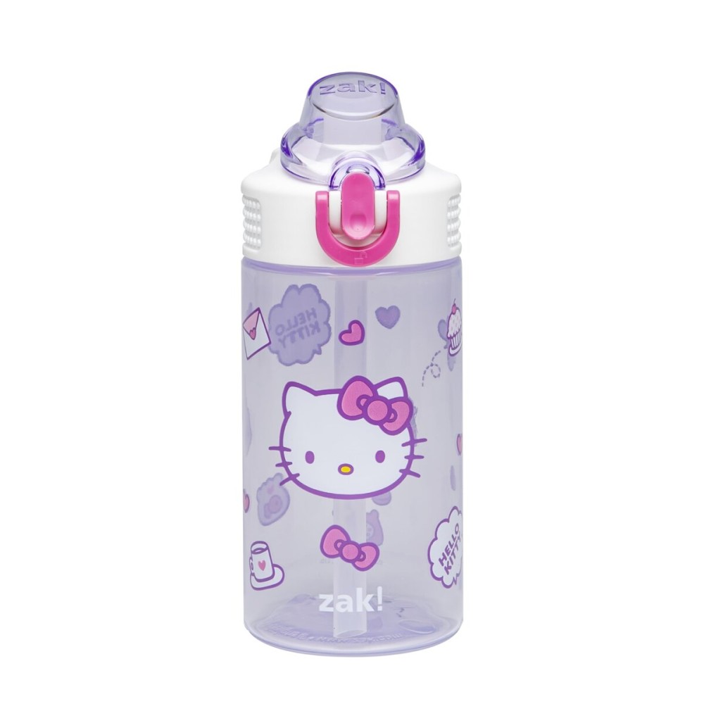 Zak Designs Sanrio Sage Kids Water Bottle For School or Travel, 16oz Durable Plastic Water Bottle With Straw, Handle, and Leak-Proof, Pop-Up Spout Cover (Hello Kitty)