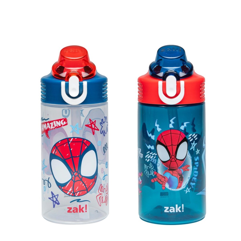 Zak Designs Marvel Spider-Man Sage Kids Water Bottle For School or Travel, 16oz Durable Plastic Water Bottle With Straw, Handle, and Leak-Proof Spout Cover, 2-Pack (Spidey and His Amazing Friends)