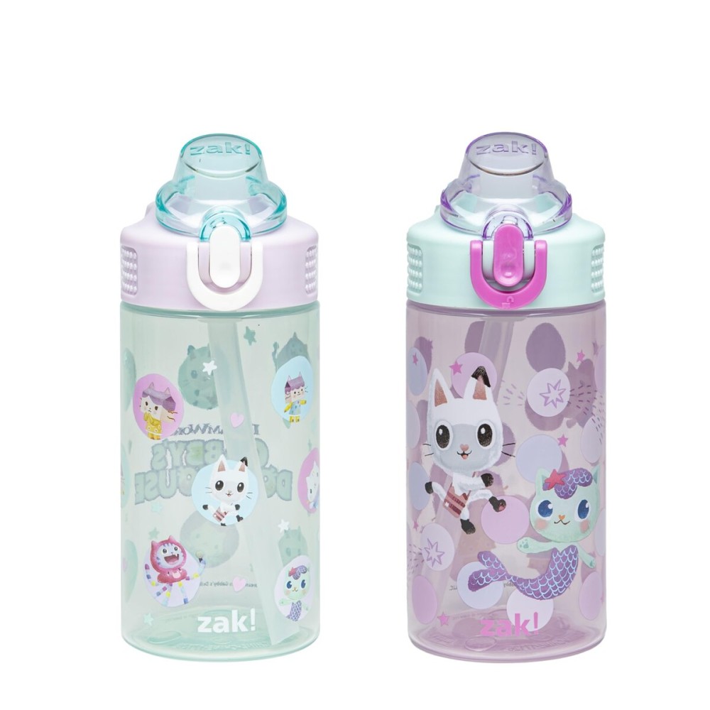 Zak Designs DreamWorks Gabby\'s Dollhouse Sage Kids Water Bottle For School or Travel, 16oz Durable Plastic Water Bottle With Straw and Leak-Proof, Pop-Up Spout Cover, 2-Pack Set (The Gabby Cats)
