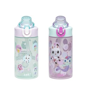 Zak Designs DreamWorks Gabby\'s Dollhouse Sage Kids Water Bottle For School or Travel, 16oz Durable Plastic Water Bottle With Straw and Leak-Proof, Pop-Up Spout Cover, 2-Pack Set (The Gabby Cats)