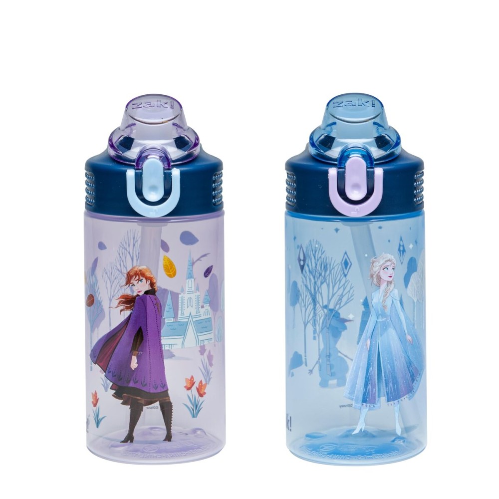 Zak Designs Disney Frozen Sage Kids Water Bottle For School or Travel, 16oz Durable Plastic Water Bottle With Straw, Handle, and Leak-Proof, Pop-Up Spout Cover, 2-Pack Set (Anna & Elsa)