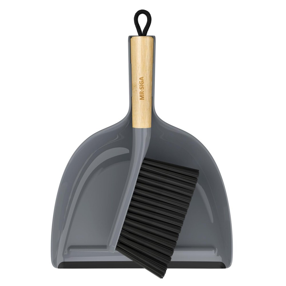 MR.SIGA Dustpan and Brush Set, Portable Cleaning Brush and Dustpan Combo with Bamboo Handle, Gray, 1 Set