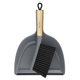 MR.SIGA Dustpan and Brush Set, Portable Cleaning Brush and Dustpan Combo with Bamboo Handle, Gray, 1 Set