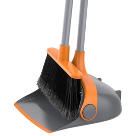 MR.SIGA Broom and Dustpan Set with Long Handle, Stand Upright Broom with Dustpan Combo for Cleaning Office, Garage, Lobby, Lightweight Sweeping Set, 51.7(131 cm) Long Handle, Gray & Orange