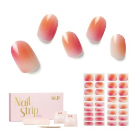 Semi Cured Gel Nail Strips - NAILOG 34 Pcs Nude Pink Gel Nail Stickers Extra Long Nail Wraps with Glossy Gel Finishing for Spring Summer, Pink Aurora
